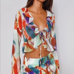 TIGERMIST Tarvey Tie Blouse Top - Watercolor Sheer Ruffle
